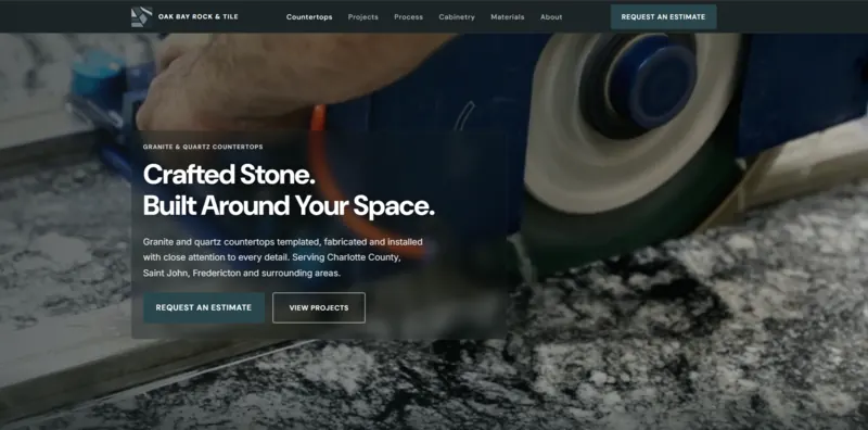 Oak Bay Rock & Tile website showing stone fabrication and the project experience