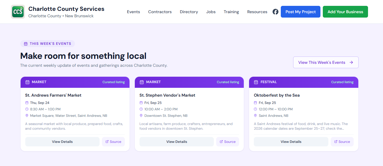 Charlotte County Services weekly events page with sourced event information and event detail paths