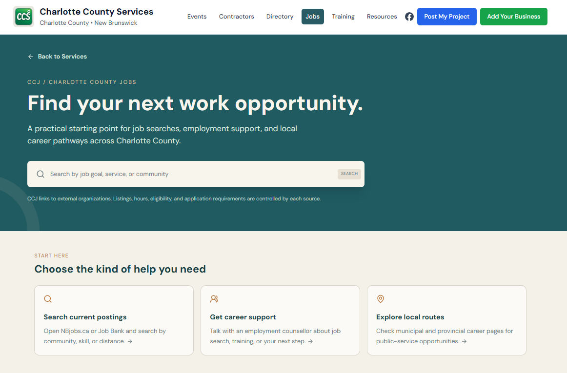 Charlotte County Jobs page with employment search and career support options