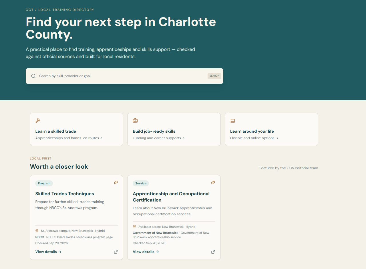 Charlotte County Training directory showing apprenticeships and skills-development opportunities